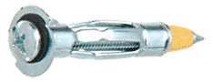 A metal pan head drive fastener with a yellow tip and a 1/8 inch to 1/2 inch grip range.