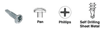 A technical illustration showing a 1-inch pan head Phillips self-drilling screw alongside diagrams of its head style, drive type, and drill point.