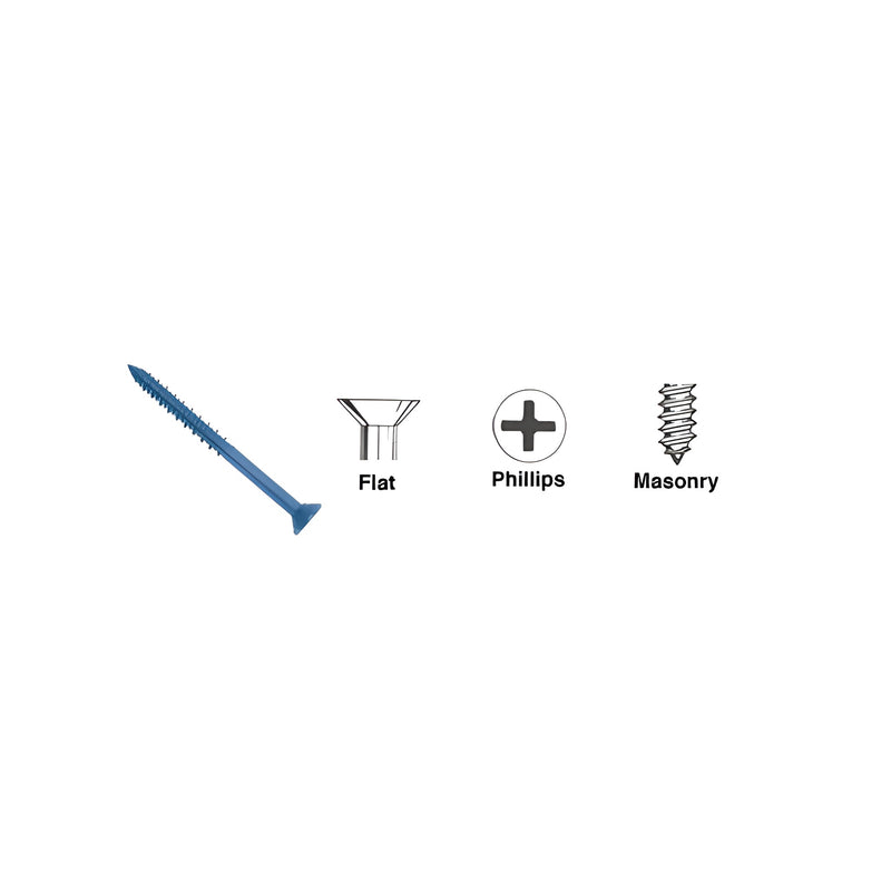 A blue masonry screw is shown alongside diagrams illustrating its flat head, Phillips drive style, and threaded masonry shank.