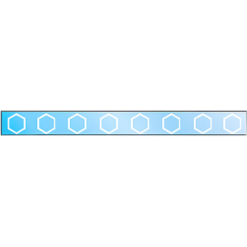A horizontal blue adhesive strip featuring a repeating pattern of white outlined hexagons used as a glass safety decal.