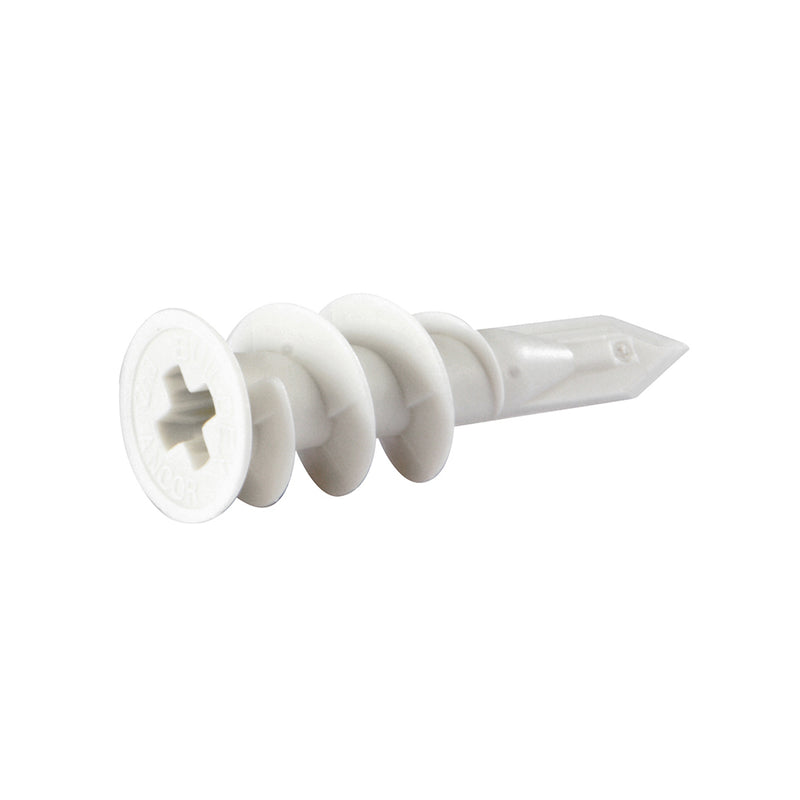 A single white plastic EZ-Ancor drywall anchor with a flat head and threaded body.