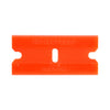 A single orange plastic double edge razor blade is shown against a white background.