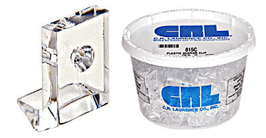 A single clear plastic side mount mirror clip is shown next to a 100-count container of the same mirror clips.