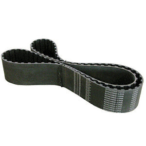 A black, toothed synchronous platen belt for a single spindle glass edger is shown in a figure-eight loop.