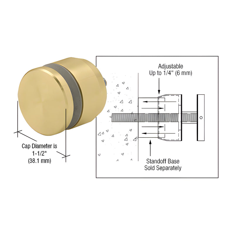 A polished brass standoff cap with a 1-1/2 inch diameter shown next to a technical diagram illustrating its 1/4 inch height adjustment feature.