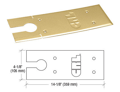 A polished brass cover plate for a CRL 8500 series floor mounted closer shown with a technical dimension diagram.
