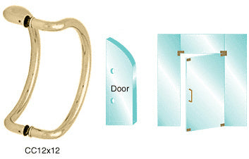 A polished brass curved pull handle shown with diagrams illustrating its back-to-back mounting on a glass door.