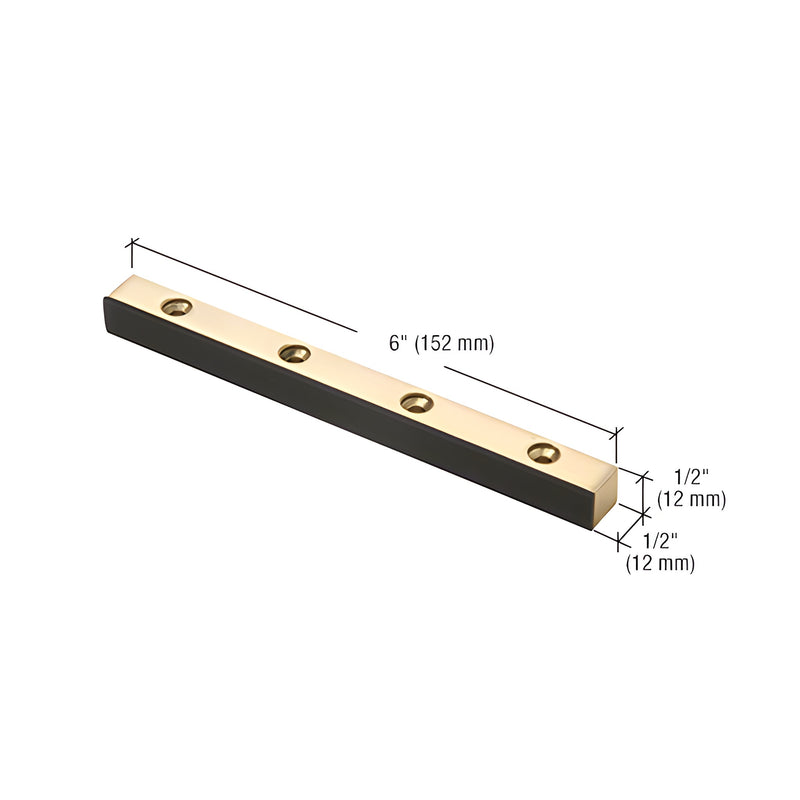 A polished brass header mounted double door stop shown with dimension lines indicating a 6-inch length and 1/2-inch height and width.