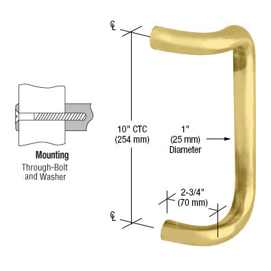 A technical diagram showing the dimensions and mounting details of a polished brass 10-inch offset door pull.