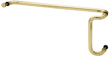 A polished brass offset combination push and pull handle set with 12-inch and 33-inch mounting centers.