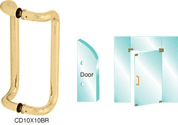 A polished brass offset pull handle shown with a diagram illustrating its back-to-back mounting application on a glass door.