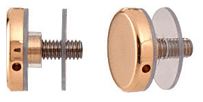 Two views of a polished brass standoff cap assembly showing the threaded stud and clear protective washers.
