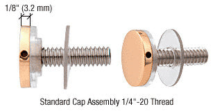 Two polished brass standoff cap assemblies with 1/4-20 threaded studs and clear plastic washers shown from side and angled views.
