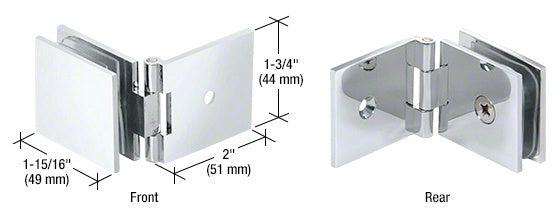 A technical diagram showing the front and rear views of a polished chrome square wall mount glass clamp with dimension labels.
