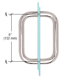 A polished chrome back-to-back shower door handle shown mounted through a glass panel with a 6-inch center-to-center measurement.