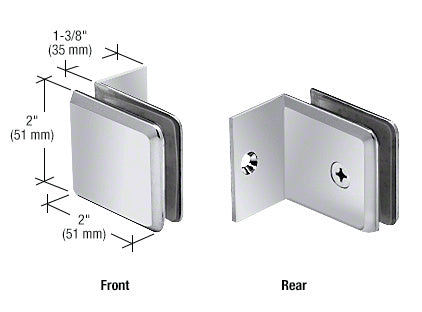 Front and rear views of a polished chrome beveled glass clamp with a small leg for wall or ceiling mounting.