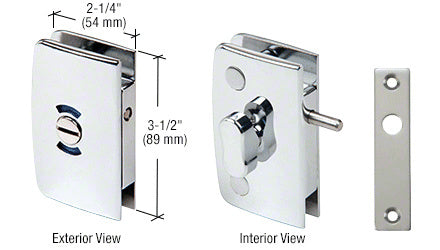 A polished chrome glass swinging door lock shown from exterior and interior views with a strike plate and dimension labels.