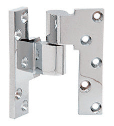 A polished chrome intermediate left-hand pivot hinge for aluminum storefront doors with pre-drilled mounting holes.