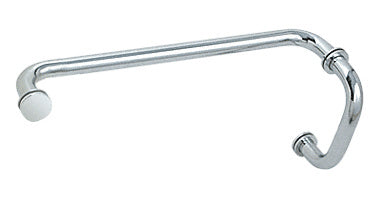 A polished chrome BM series combination pull handle and towel bar with metal washers for glass mounting.