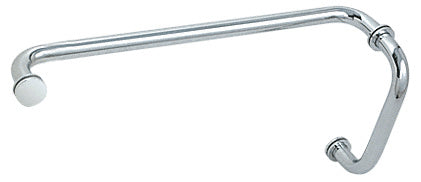 A polished chrome BM series combination pull handle and towel bar with metal washers for glass mounting.