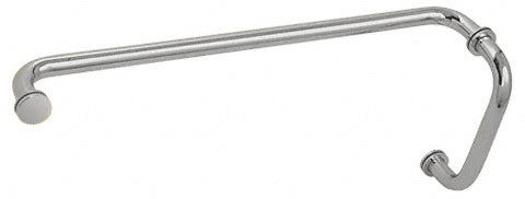 A polished chrome BM series combination pull handle and towel bar with circular mounting washers.