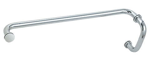 A polished chrome BM series combination pull handle and towel bar designed for glass shower doors.