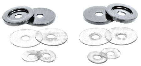 A set of 1-1/4 inch polished chrome brass washers and clear plastic gaskets for back-to-back pull handles.