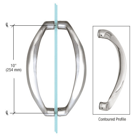 A polished chrome sculptured pull handle shown in a back-to-back mounting configuration on a glass panel with a side view of the contoured profile.