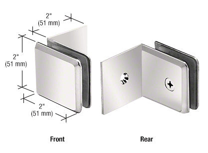 Front and rear views of a polished nickel beveled glass clamp with a large leg, showing 2-inch dimensions.