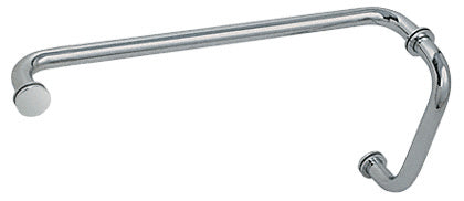 A polished nickel BM series combination pull handle and towel bar designed for back-to-back glass mounting.