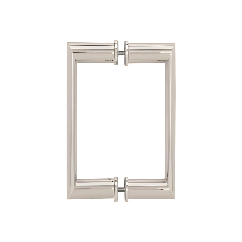 A polished nickel back-to-back tubular pull handle designed for glass shower enclosures.