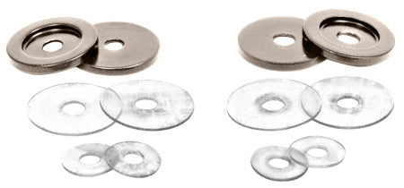 A set of polished nickel brass washers and clear plastic gaskets for back-to-back pull handles.