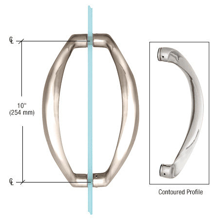 A polished nickel sculptured pull handle shown in a back-to-back mounting configuration on glass with a side view of its contoured profile.