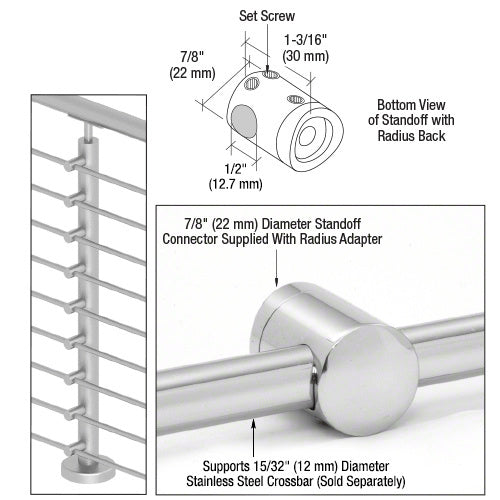 A technical diagram and close-up view showing a 7/8 inch diameter polished stainless steel center standoff connector installed on a railing system.