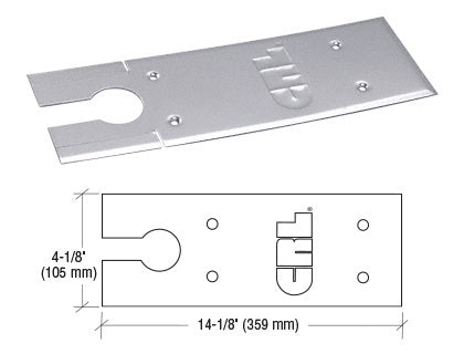 A polished stainless steel cover plate for an 8500 series floor mounted closer shown with its corresponding dimensional line drawing.