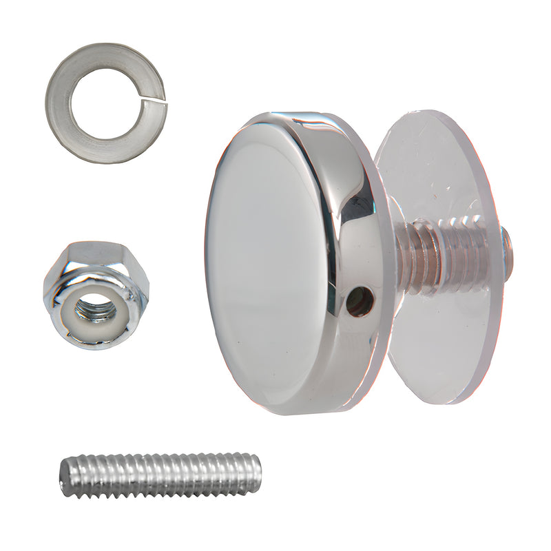 A polished stainless steel Crescent series accessory kit including a cap, threaded stud, nut, and washer.