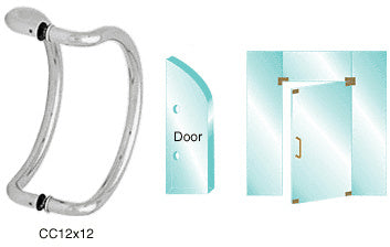 A polished stainless steel curved pull handle shown with diagrams illustrating its back-to-back mounting on a glass door.