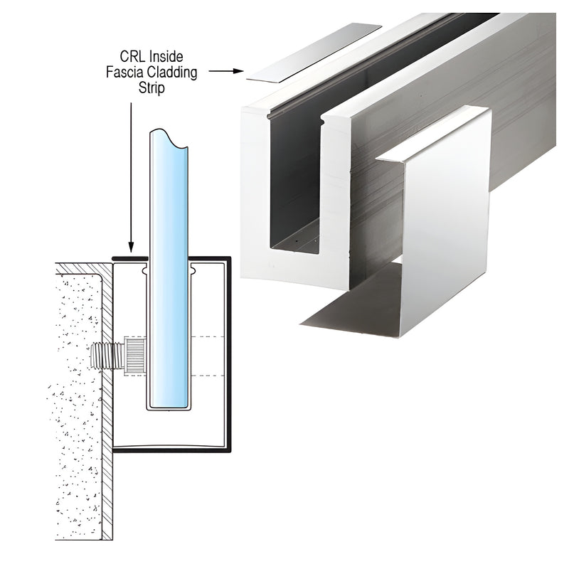 A technical diagram showing the installation of a CRL polished stainless steel inside fascia cladding strip onto a glass railing base shoe.