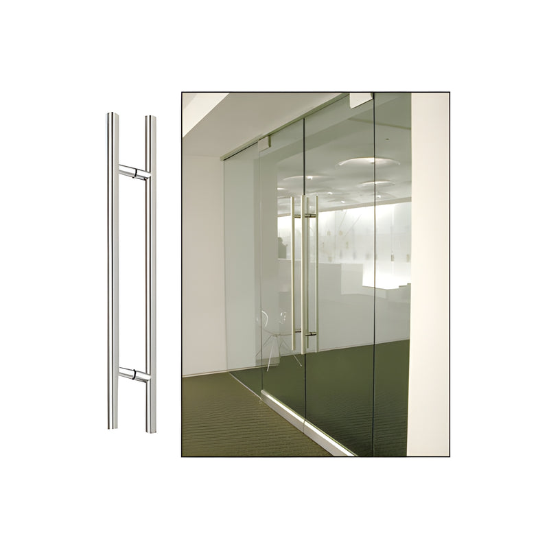 A polished stainless steel ladder style back-to-back pull handle shown isolated and installed on a glass door.