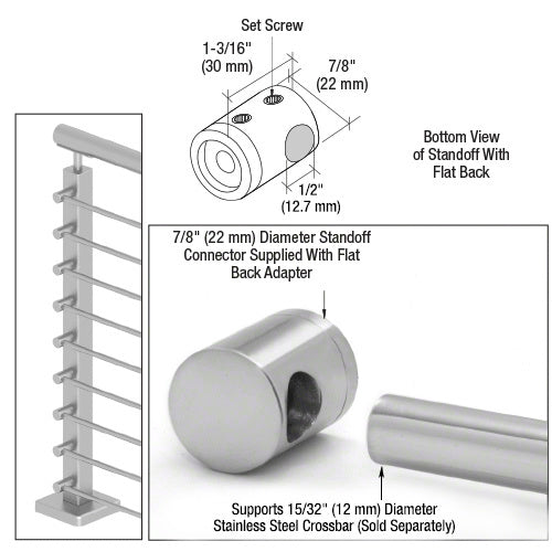 A technical diagram and product photo showing a 7/8 inch diameter polished stainless steel left end standoff connector for flat back railing systems.