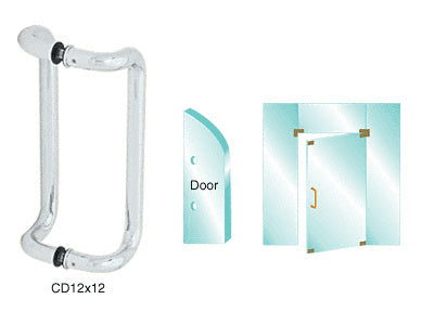 A polished stainless steel offset pull handle shown alongside a diagram of its glass mounting application.