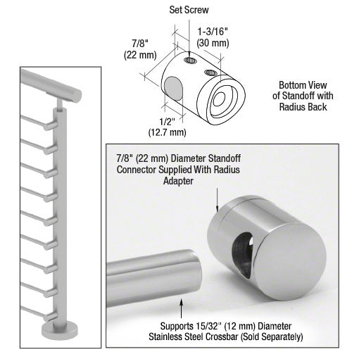 A technical diagram and product photo showing a 7/8 inch diameter polished stainless steel right end standoff connector with a radius back.