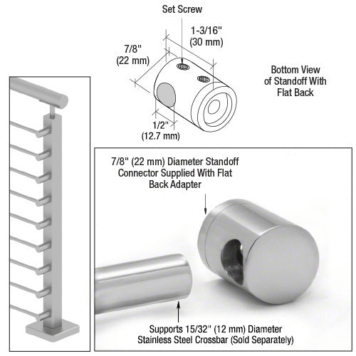 A technical diagram and product photo showing a 7/8 inch diameter polished stainless steel right end standoff connector with a flat back adapter.