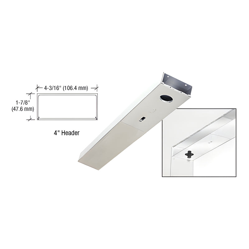 A polished stainless steel single door header shown with a technical profile diagram and a close-up of the mounting hardware.