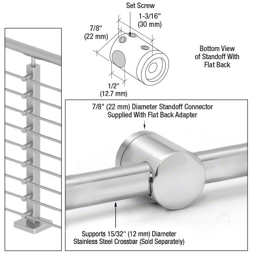 A technical diagram and close-up view of a 7/8 inch polished stainless steel center standoff connector used for railing crossbars.