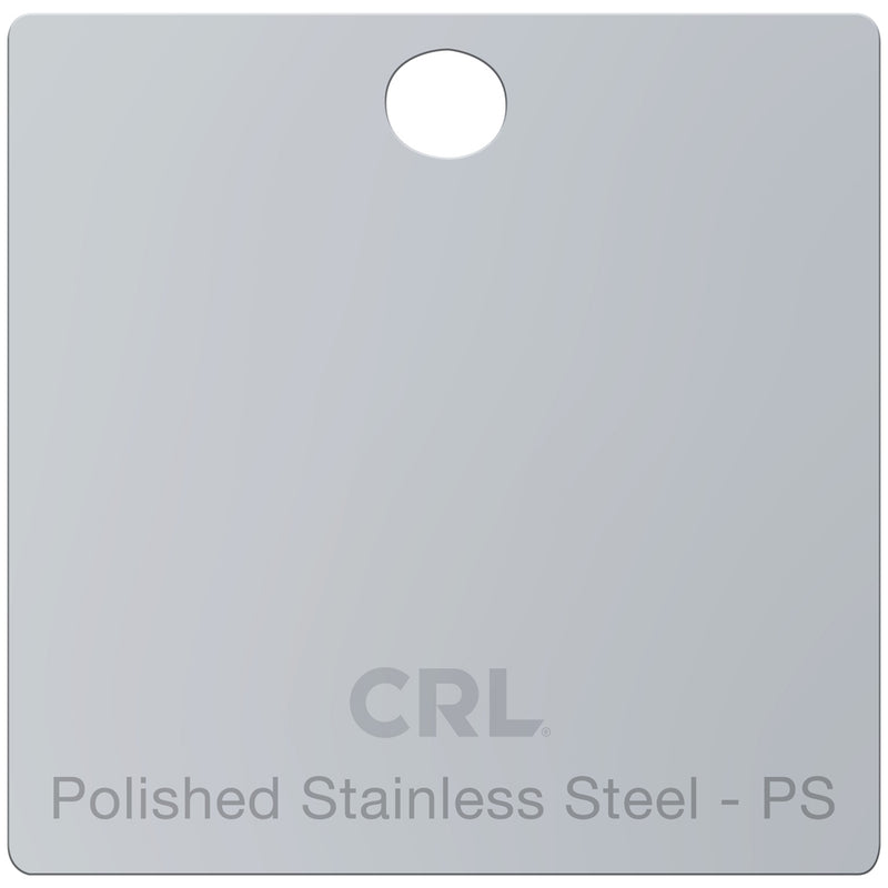A square brass color chip with a polished stainless steel finish and a hole at the top for hanging.