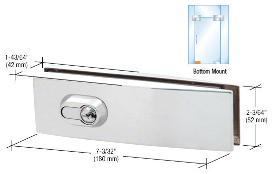 A polished stainless steel curved European patch door lock shown with technical dimension labels and a bottom mount diagram.