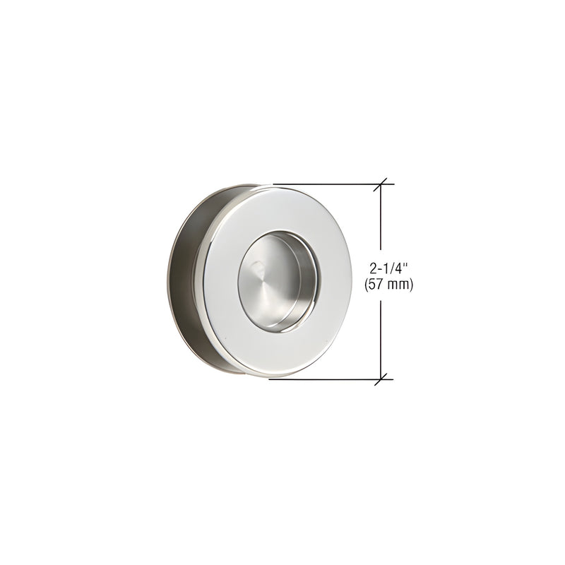 A circular polished stainless steel thru-glass pull handle with a 2-1/4 inch diameter measurement indicator.