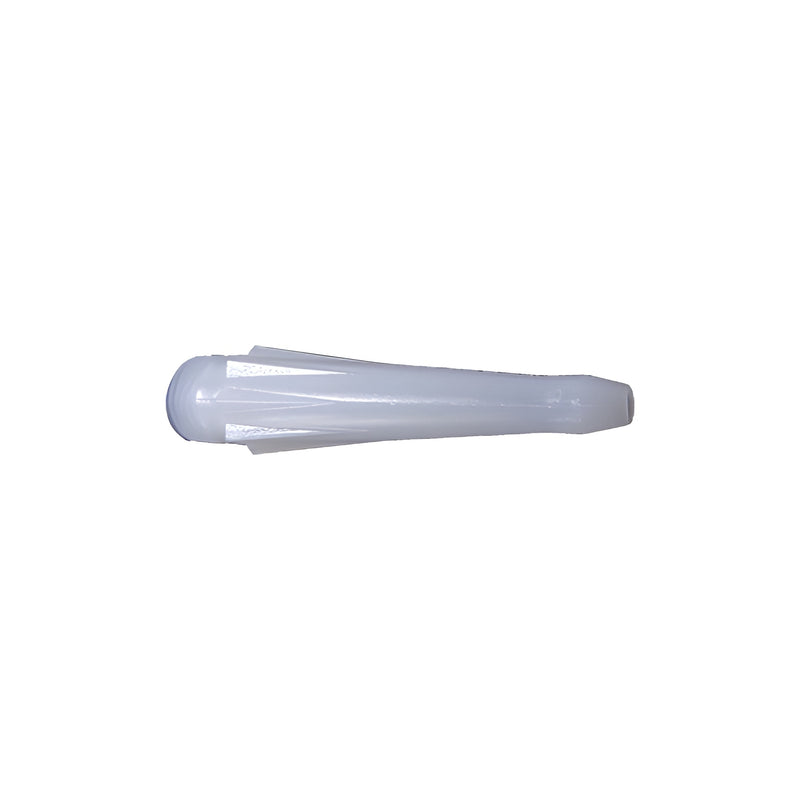 A white polyethylene adaptor nozzle measuring 2-1/2 inches in length with a 5/8 inch diameter.
