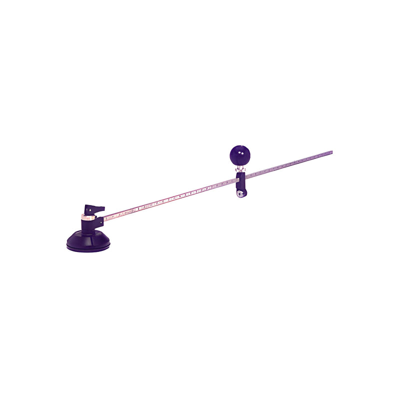 A precision circle cutter with a suction cup base, graduated beam, and cutting head for glass applications.